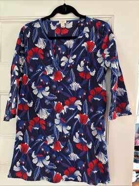 J. Crew Navy Floral V-Neck Tunic with Red & White Flowers